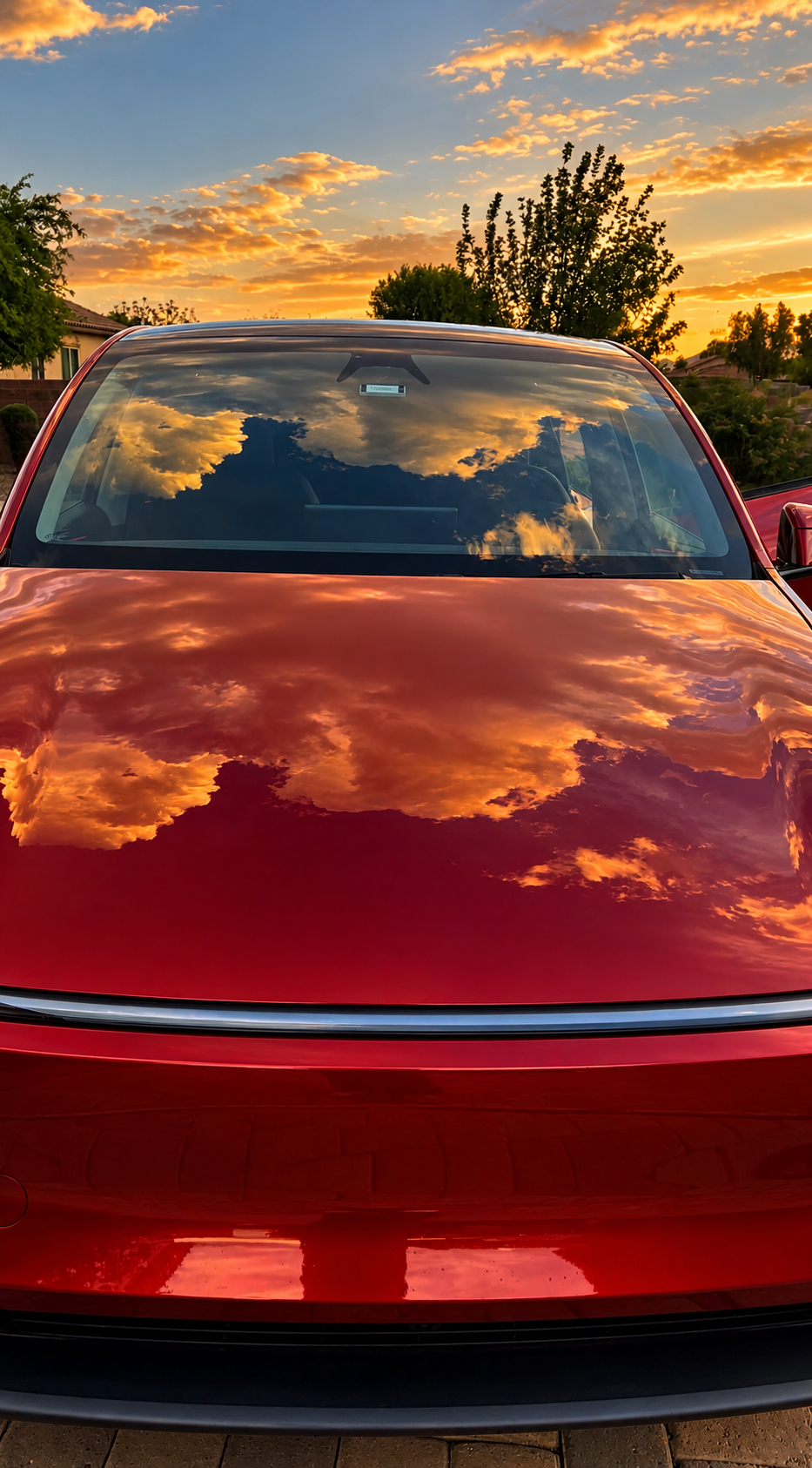 Deep mirror-gloss red hood reflecting the sunset sky